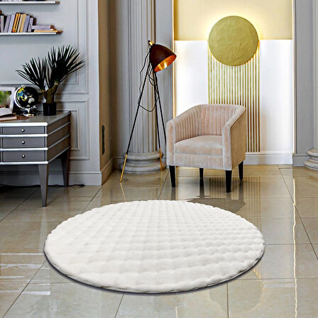 Rex Tavşanı Bubble Post Yuvarlak Halı Beyaz