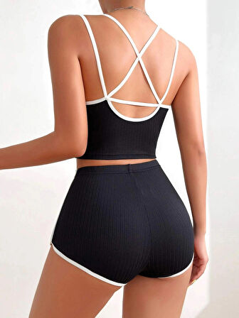 FYORA Kadın Siyah Kaşkorse Kumaş Sırt Detaylı Büstiyerli Şort Takım