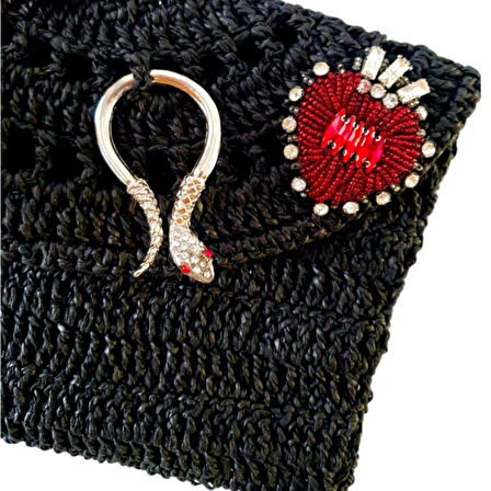 Uretti - Sümeyya 2589 7053 El Yapımı Boncuk İşlemeli ve Yılan Aksesuar Detaylı Kağıt İp Clutch Çanta