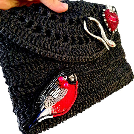 Uretti - Sümeyya 2589 7053 El Yapımı Boncuk İşlemeli ve Yılan Aksesuar Detaylı Kağıt İp Clutch Çanta