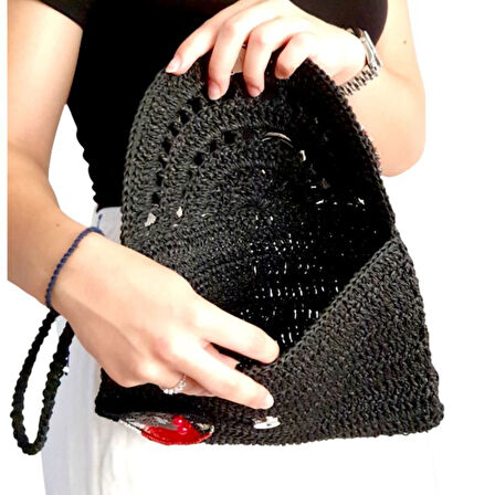 Uretti - Sümeyya 2589 7053 El Yapımı Boncuk İşlemeli ve Yılan Aksesuar Detaylı Kağıt İp Clutch Çanta