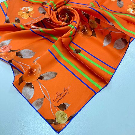 La Boutique Turuncu Çiçek Desenli Sura İpek Eşarp 1579-03