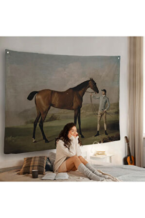 George Stubbs'un Uzun Bacaklı At ve Jokeyi Duvar Örtüsü - Molly Long-legs with her Jockey-7012