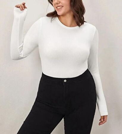 Beyaz Bisiklet Yaka Büyük Beden Bluz Darkalıp İnterlok Penye Kumaş Günlük Body