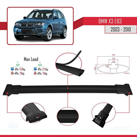 BMW X3 (E83) 2003-2010 Arası ile Uyumlu FLY Model Ara Atkı Tavan Barı Siyah 2 Adet