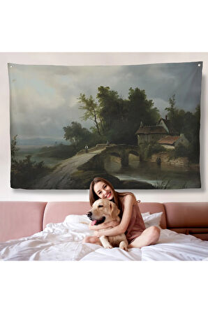 19. yüzyılın başları Köprülü Fransız Köy Okulu Manzara Duvar Örtüsü-7015