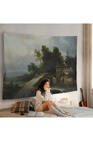 19. yüzyılın başları Köprülü Fransız Köy Okulu Manzara Duvar Örtüsü-7015