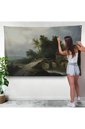 19. yüzyılın başları Köprülü Fransız Köy Okulu Manzara Duvar Örtüsü-7015