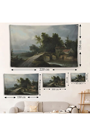 19. yüzyılın başları Köprülü Fransız Köy Okulu Manzara Duvar Örtüsü-7015