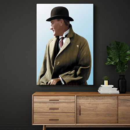 Şapkalı Atatürk - Açık Mavi Fonda Portre Kanvas Tablo