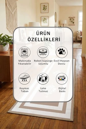 Black Punto Vizon Beyaz Dijital Baskılı Kaymaz Yıkanabilir Yolluk - Leke Tutmaz Beyaz Vizon