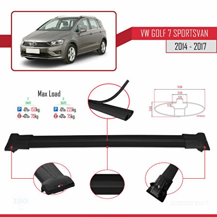 Volkswagen Golf Sportvan 2014-2017 Arası ile Uyumlu FLY Model Ara Atkı Tavan Barı Siyah 2 Adet