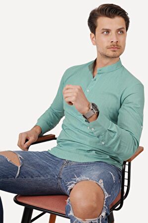 Mint Yeşili Hakim Üç Düğmeli Slimfit Keten   Gömlek