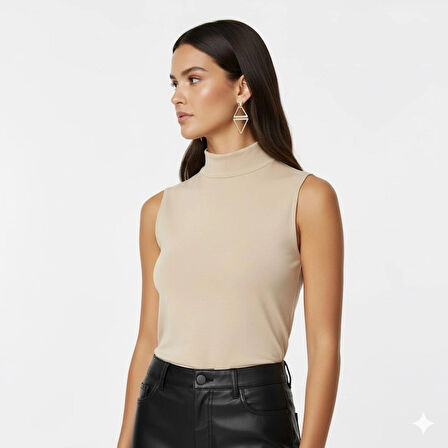 Kadın Bej Kolsuz Balıkçı Yaka Badi