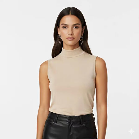 Kadın Bej Kolsuz Balıkçı Yaka Badi