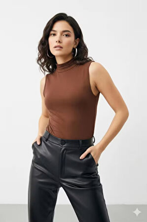 Kadın Kahverengi Kolsuz Balıkçı Yaka Badi