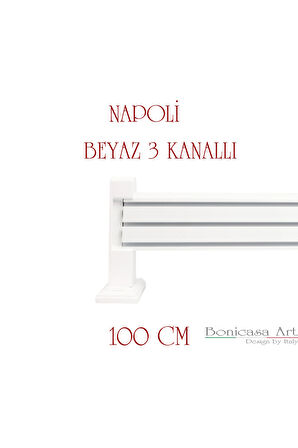 Napoli Ahşap Başlıklı 3 Kanallı Alüminyum Dekoratif Ray Korniş Modern Rustik Beyaz 100 cm