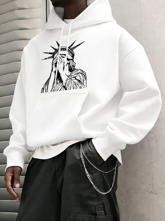 Özgürlük Heykeli Desenli S-2Xl Erkekler İçin Hip Hop Sonbahar Sweatshirtleri Cepli Polar Üstl