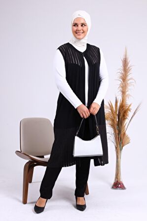 Kadın Büyük Beden Transparan Taşlı Uzun Yelek