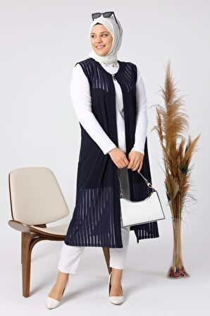 Kadın Büyük Beden Transparan Taşlı Uzun Yelek