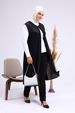 Kadın Büyük Beden Transparan Taşlı Uzun Yelek