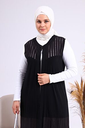 Kadın Büyük Beden Transparan Taşlı Uzun Yelek