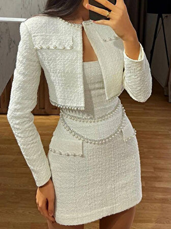 İNCİ İŞLEMELİ ELBİSE & CEKET İKİLİ TAKIM