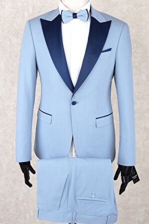 Jan Carlucci Slim Fit Saten Sivri Yaka-Çift Yırtmaç Buz Mavisi Drop 6 Damatlık Smokin - Full Set Yelek, Gömlek, Papyon 