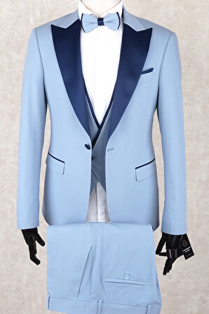 Jan Carlucci Slim Fit Saten Sivri Yaka-Çift Yırtmaç Buz Mavisi Drop 6 Damatlık Smokin - Full Set Yelek, Gömlek, Papyon 