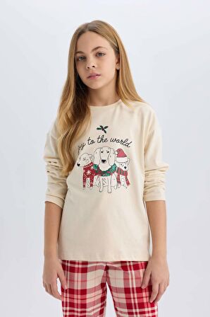 Kız Çocuk Yılbaşı Temalı Pijama Takımı Bisiklet Yaka Uzun Kollu Üst Beli Lastikli Alt