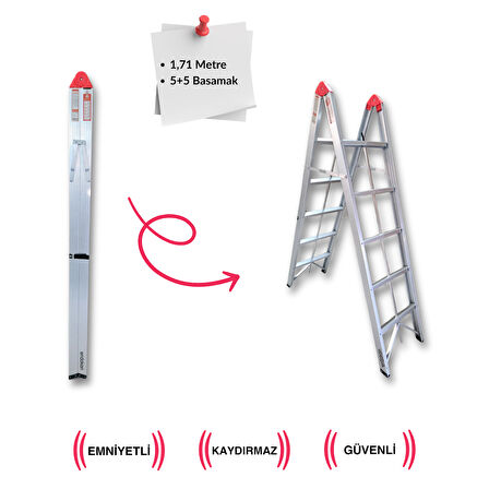 2*5 171 cm. Katlanır Alüminyum Çubuk Merdiven