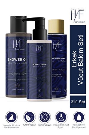 Erkek 3'lü Vücut Bakım Seti:Temizleyici Duş Jeli+Canlandırıcı Vücut Losyonu+İntim Temizleyici Sprey