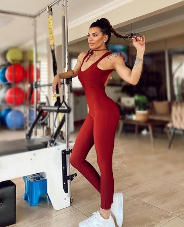 Bordo Derin Dekolteli Spor Tayt Tulum