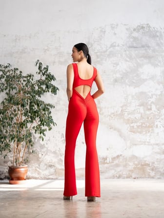 Kırmızı Askılı Arkası Büzgülü Scrunch Butt İspanyol Paça Tayt Tulum