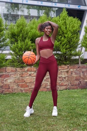 Bordo Beli Çapraz Tasarımlı Toparlayıcı Spor Tayt
