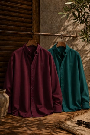 Erkek Minimal Baskılı Oversize Dokulu Gömlek 2'li Set Bordo-Zümrüt
