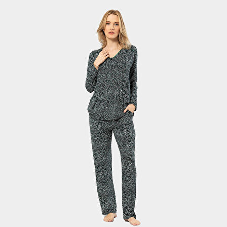 Türen Çiçek Desenli Uzun Kollu Patlı Pijama Takımı 3382/Yeşil