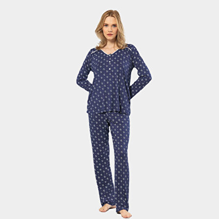 Türen Çiçek Desenli Uzun Kollu Patlı Pijama Takımı 3382/Lacivert