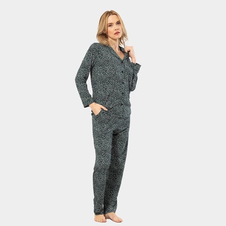 Türen Çiçek Desenli Uzun Kollu Gömlek Yaka Pijama Takımı 3379/Yeşil