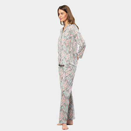 Türen Yaprak Desenli Uzun Kollu Gömlek Yaka Pijama Takımı 3394