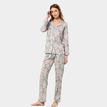 Türen Yaprak Desenli Uzun Kollu Gömlek Yaka Pijama Takımı 3394