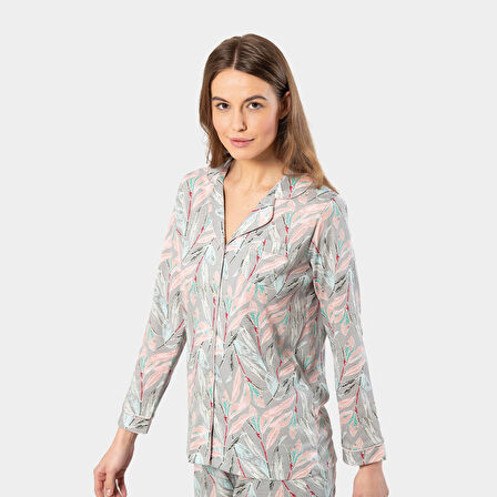 Türen Yaprak Desenli Uzun Kollu Gömlek Yaka Pijama Takımı 3394