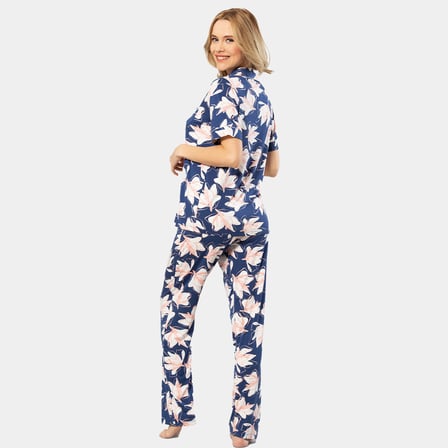 Türen Yaprak Desenli Kısa Kollu Gömlek Yaka Pijama Takımı 3355/Lacivert