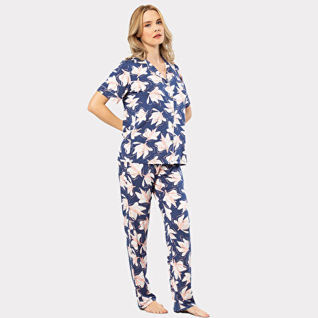 Türen Yaprak Desenli Kısa Kollu Gömlek Yaka Pijama Takımı 3355/Lacivert