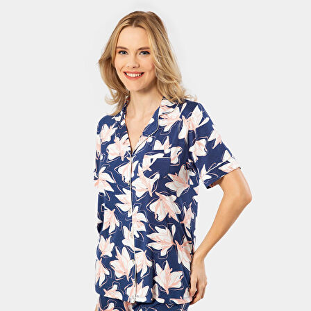 Türen Yaprak Desenli Kısa Kollu Gömlek Yaka Pijama Takımı 3355/Lacivert