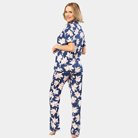 Türen Yaprak Desenli Kısa Kollu Gömlek Yaka Pijama Takımı 3355/Lacivert