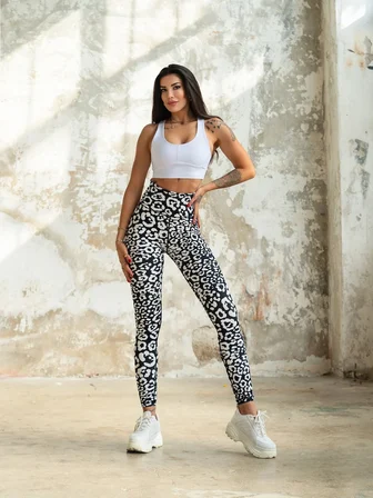 Beyaz Siyah Leopar Desen Ekstra Yüksek Bel Toparlayıcı Spor Tayt