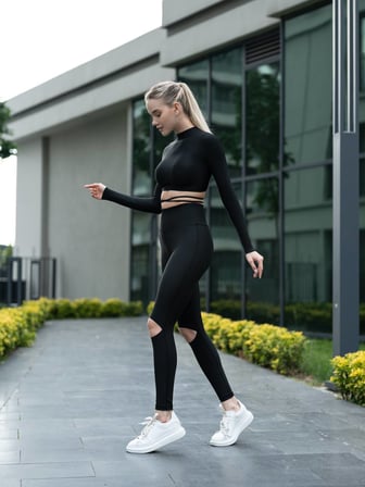 Siyah Dizleri Yırtık Ekstra Yüksek Bel Spor Tayt