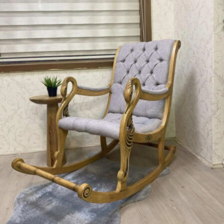 Asedia Vintage Kuğu Naturel Taş Rengi El Oyması Ahşap Sallanan Sandalye Dinlenme Koltuğu Berjer