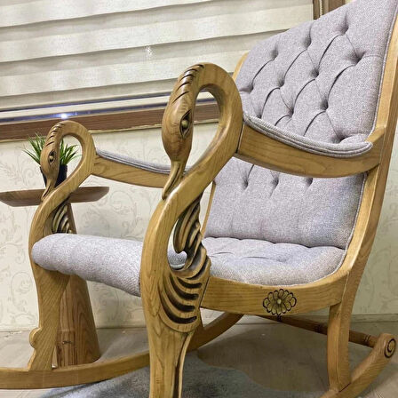 Asedia Vintage Kuğu Naturel Taş Rengi El Oyması Ahşap Sallanan Sandalye Dinlenme Koltuğu Berjer